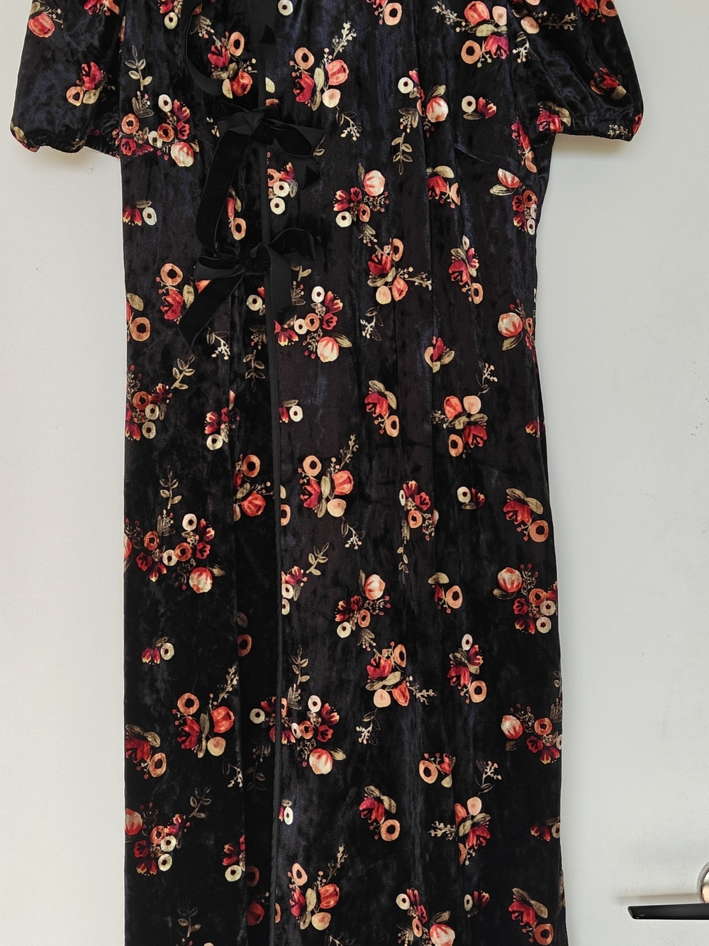 Girls Floral Velvet Wrap Dress - Black with Red & Cream Flowers